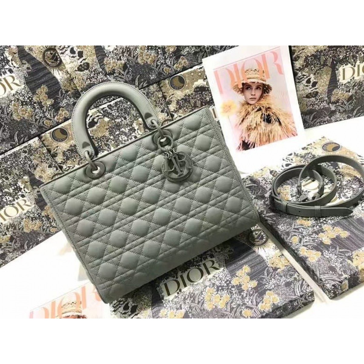 Dior Large Lady Dior Bag In Grey Ultramatte Calfskin High Quality Replica