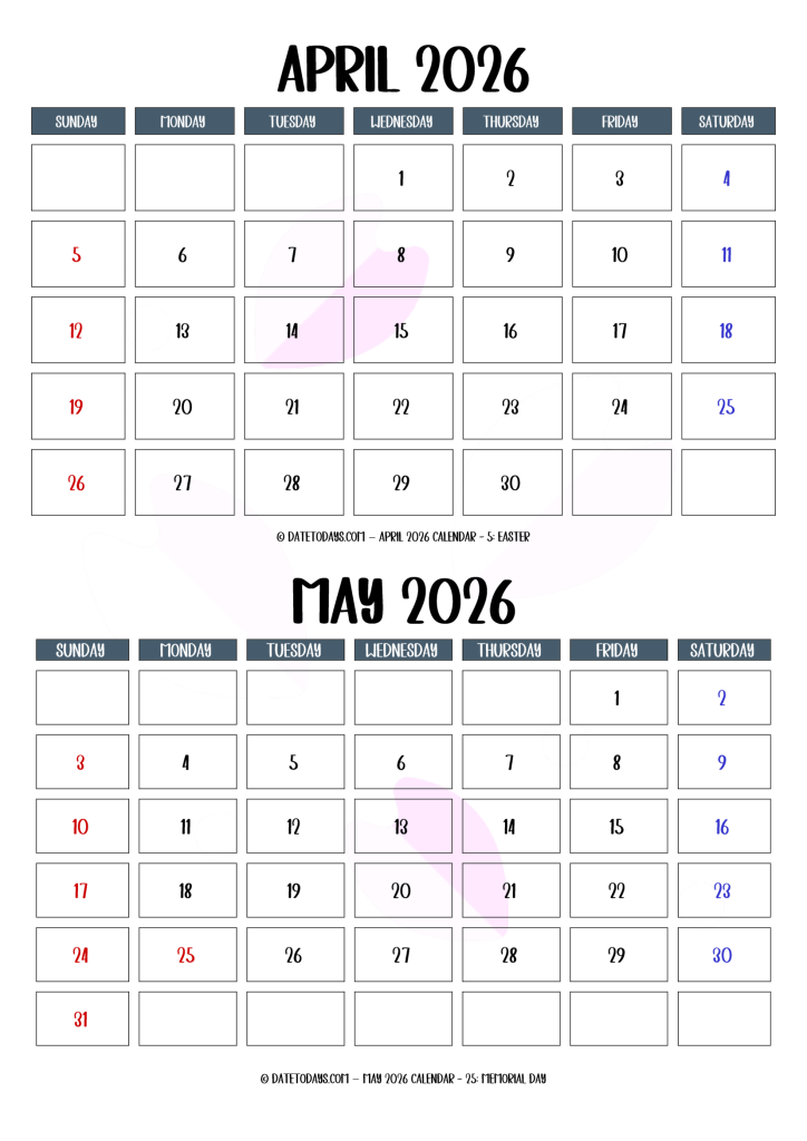 April May 2026 Calendar Printable PDF - 2 Month Calendar