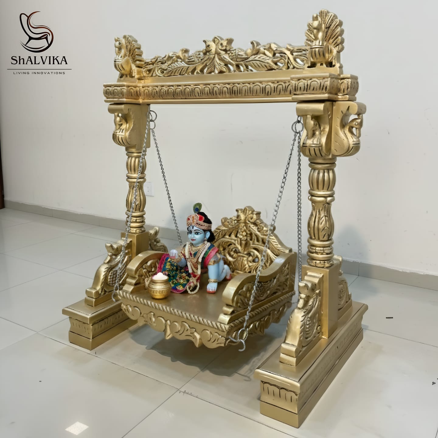 Handmade Laddu Gopal Jhula in Antique Gold