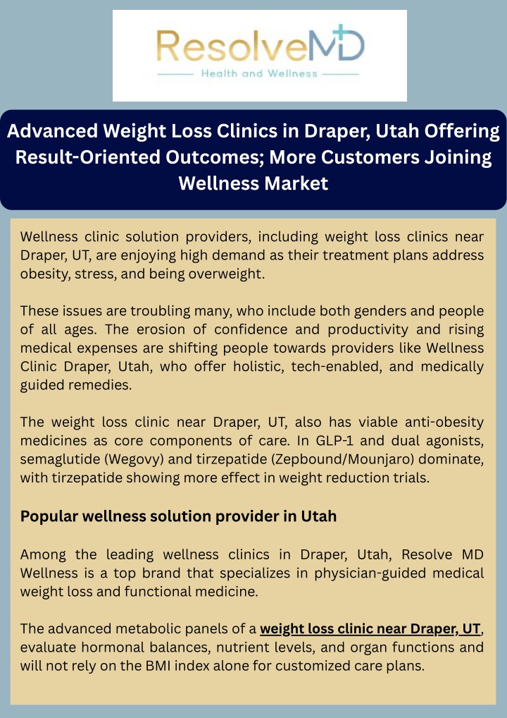 PPT - Advanced Weight Loss Clinics in Draper, Utah Offering Result-Oriented Outcomes; More Customers Joining Wellness Market PowerPoint Presentation - ID:14821812