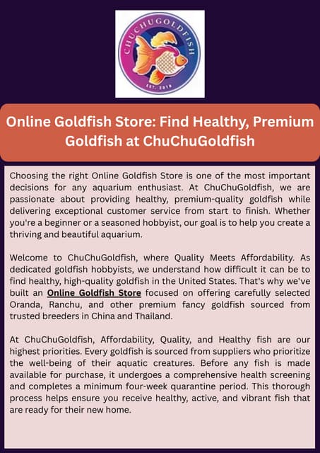 Online Goldfish Store: Find Healthy, Premium Goldfish at ChuChuGoldfish | PDF