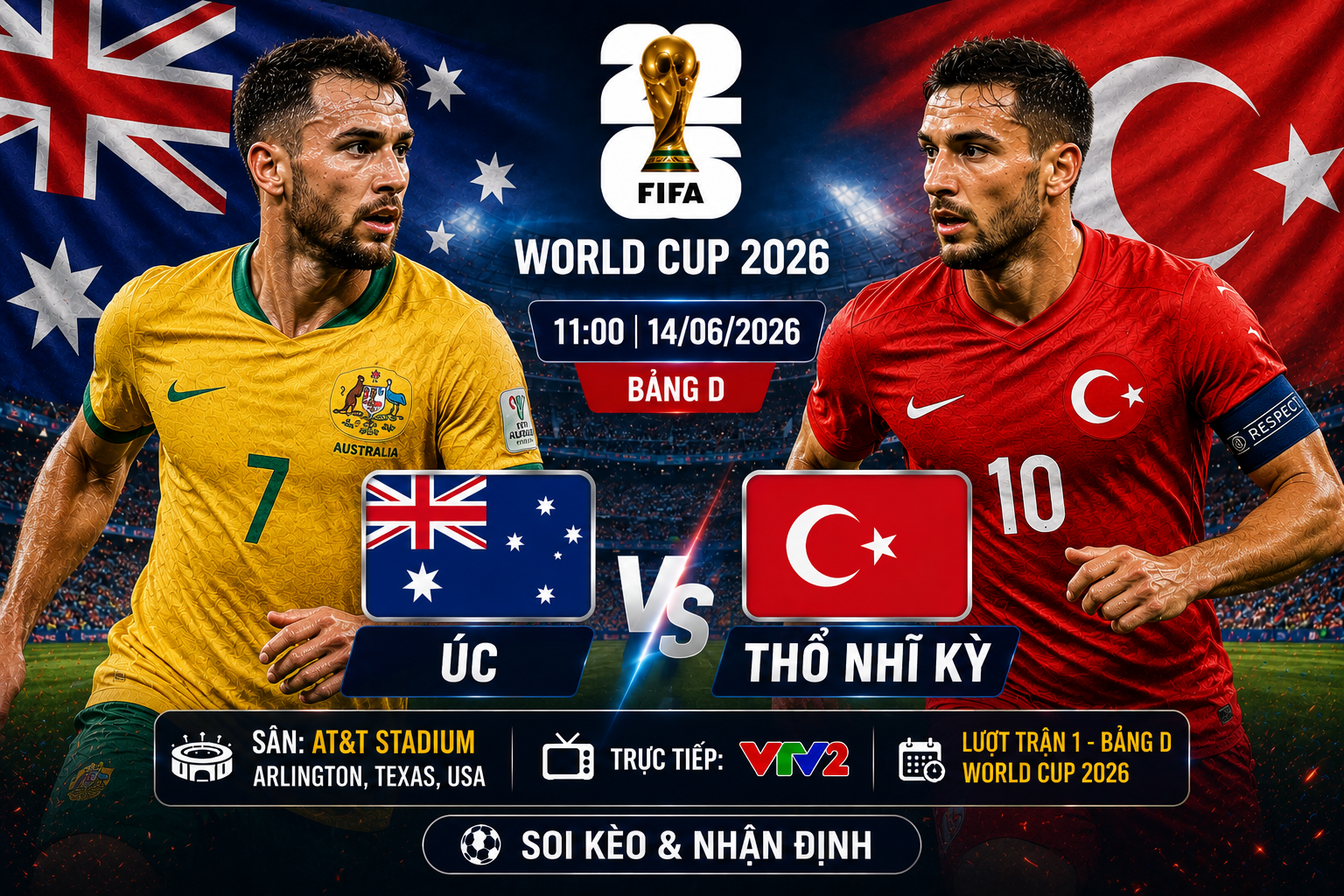 Soi Kèo Úc vs Thổ Nhĩ Kỳ, 11h Ngày 14/6 Bảng D World Cup 2026