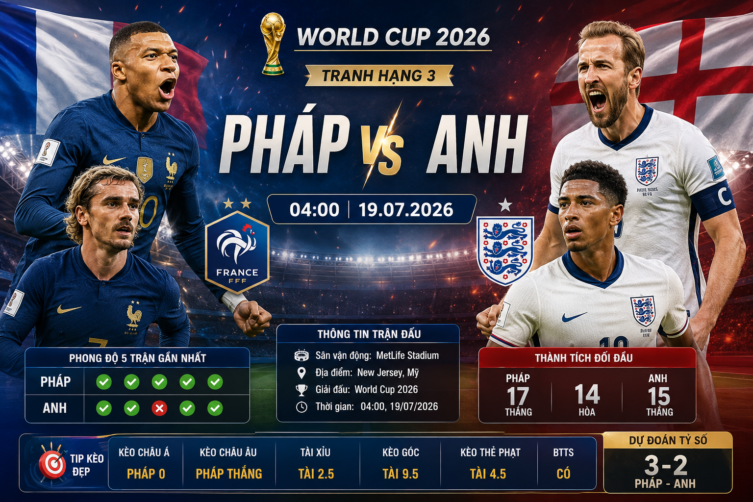 Soi kèo Pháp vs Anh, 4h ngày 19/7 – Tranh hạng 3 World Cup 2026