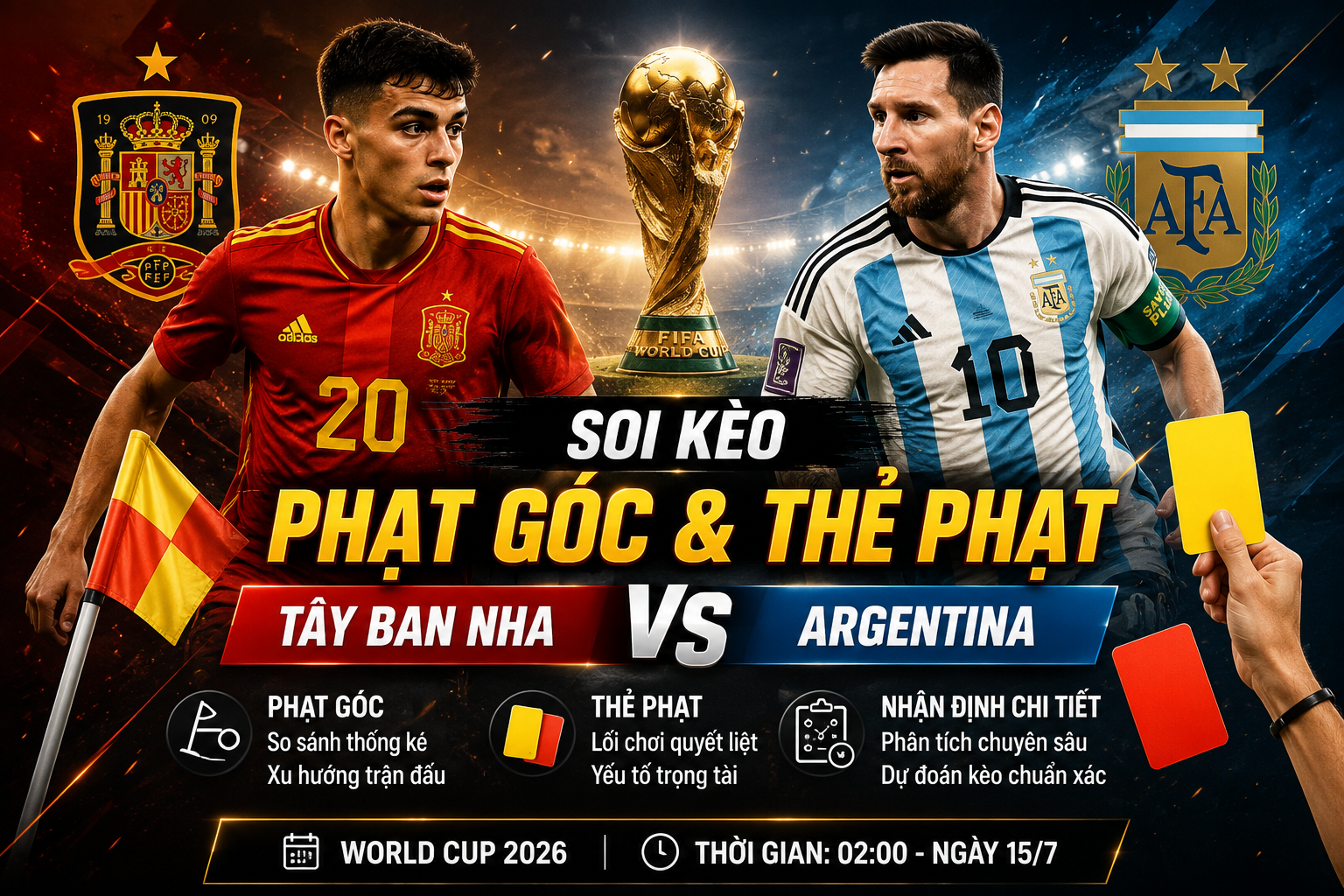 Soi kèo thẻ, phạt góc Tây Ban Nha vs Argentina - chung kết WC 2026