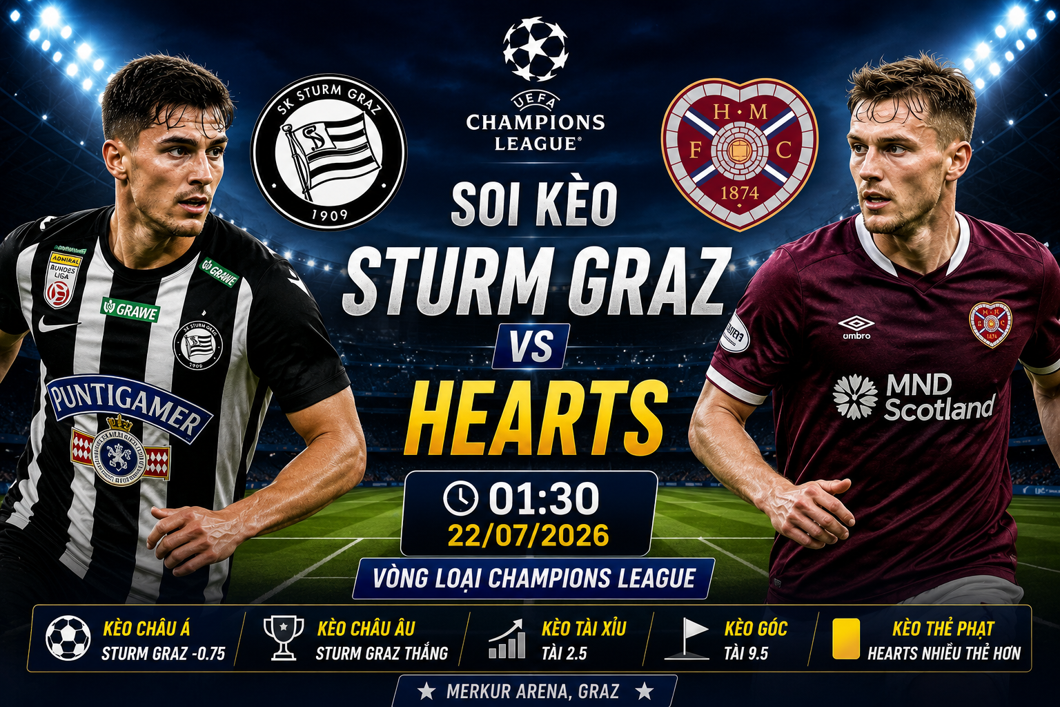 Soi kèo Sturm Graz vs Hearts, 1h30 ngày 22/7 – vòng loại Champions League