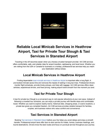 Reliable Local Minicab Services in Heathrow Airport, Taxi for Private Tour Slough & Taxi Services in Stansted Airport