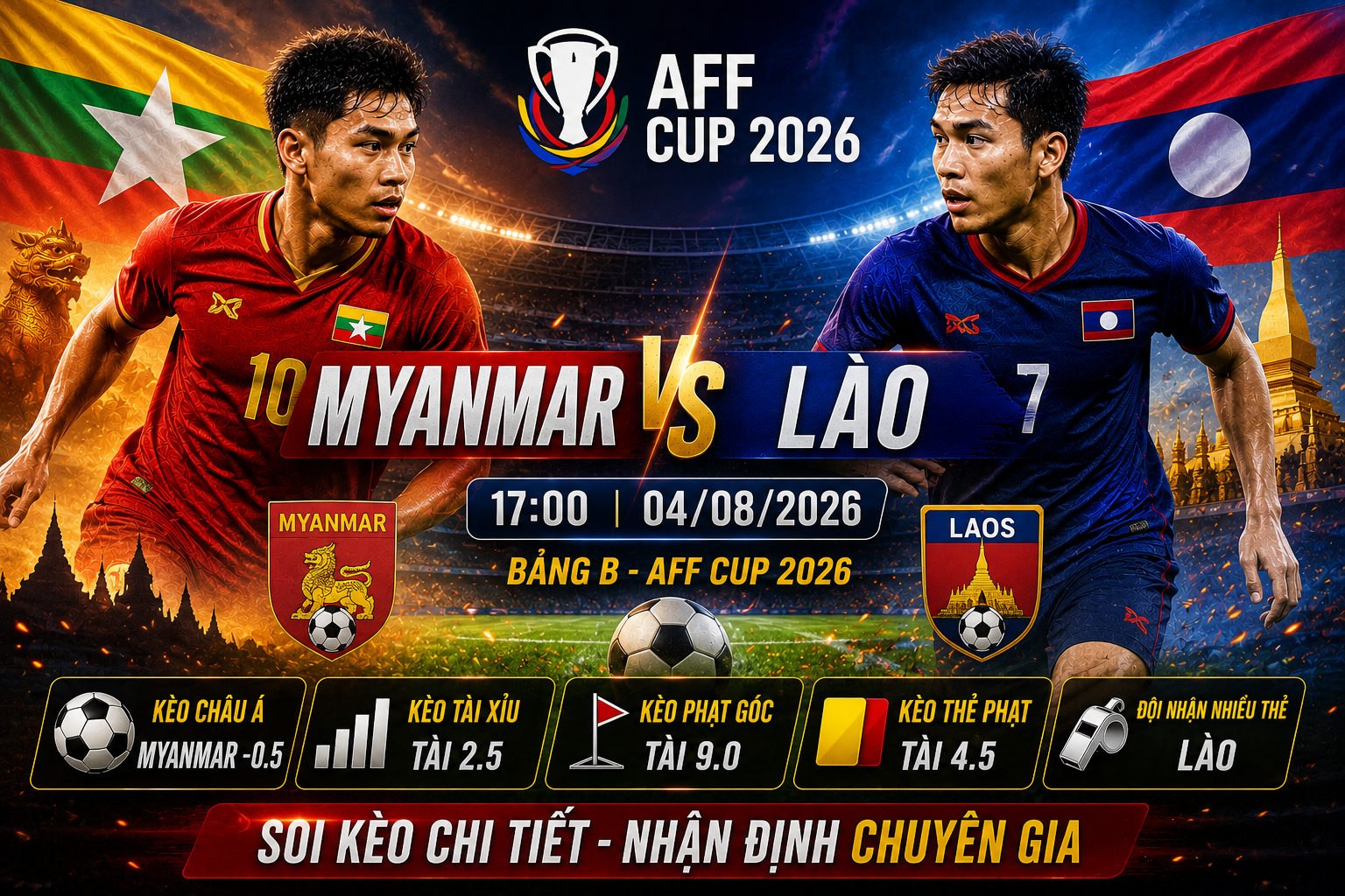 Soi kèo Myanmar vs Lào, 17h ngày 4/8 – AFF Cup 2026