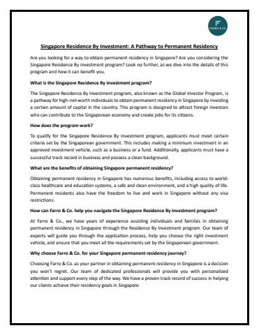 Singapore Residence By Investment- A Pathway to Permanent Residency