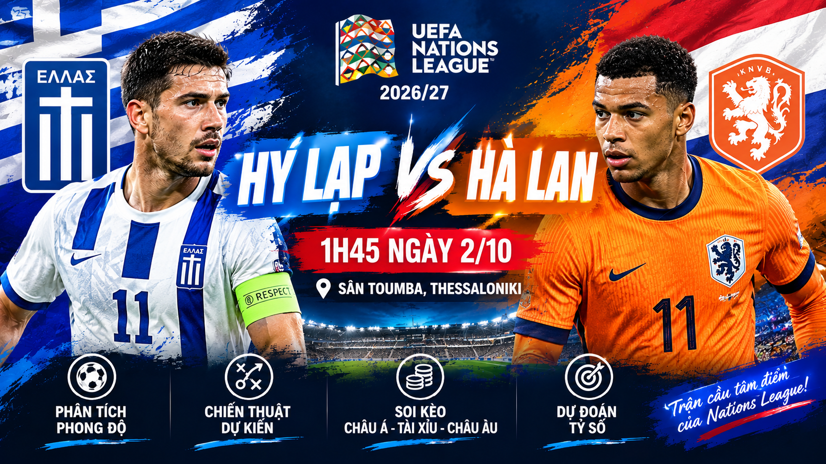 Soi kèo Hy Lạp vs Hà Lan 1h45 ngày 2/10 Nations League 2026/27