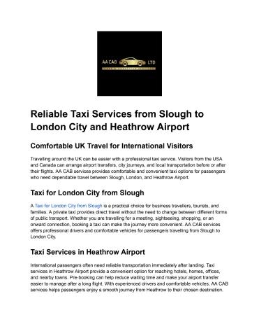 Reliable Taxi Services from Slough to London City and Heathrow Airport