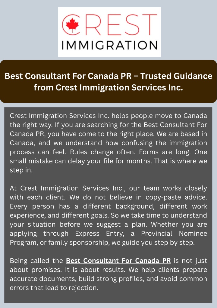 PPT - Best Consultant For Canada PR – Trusted Guidance from Crest Immigration Services Inc. PowerPoint Presentation - ID:14905707