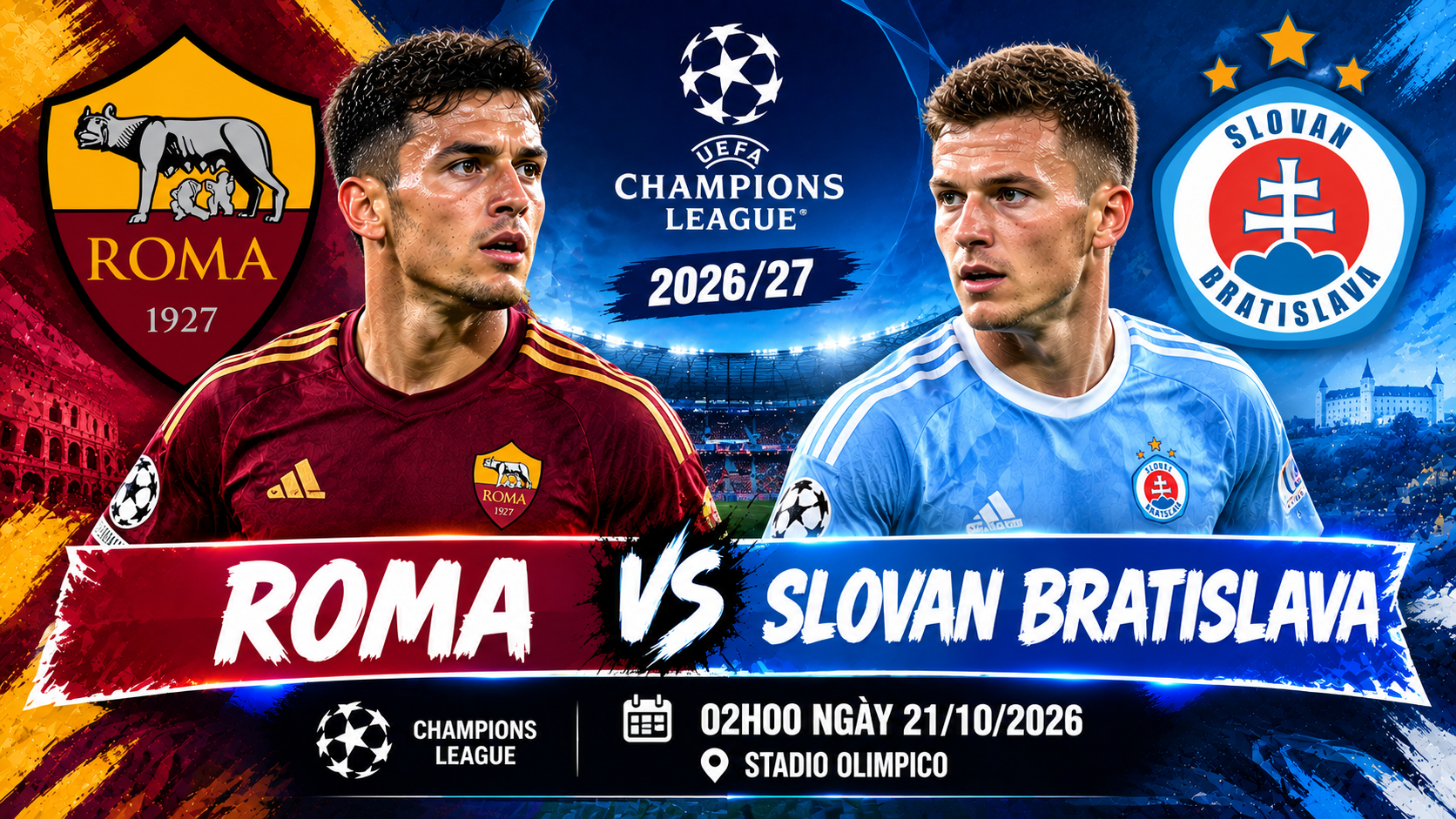 Soi kèo Roma vs Slovan, 2h ngày 21/10 Champions League 2026/27 - tylekeo88