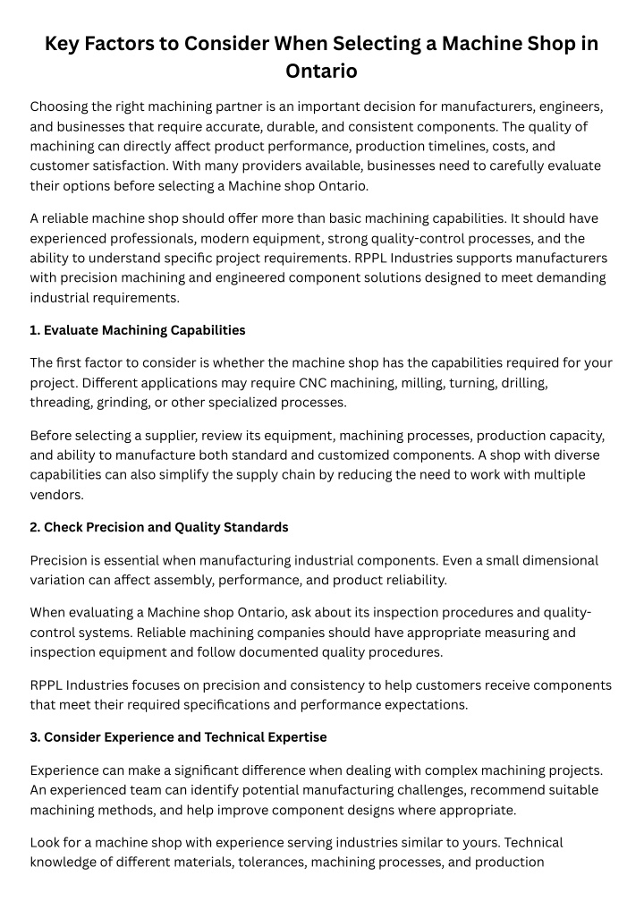 Key Factors to Consider When Selecting a Machine Shop in Ontario